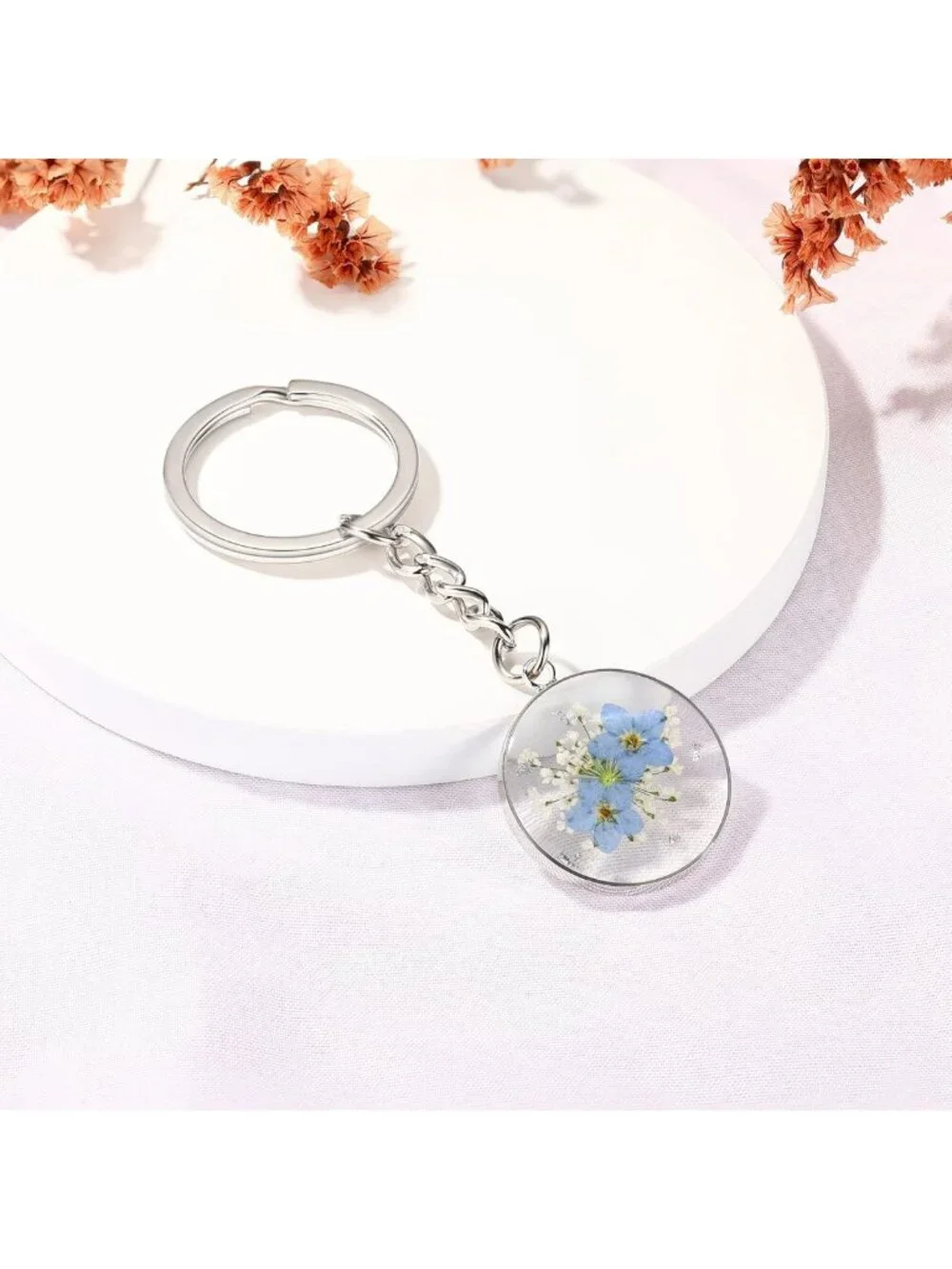 Personalized Pressed Flower Keychain Charm | Unique Forget-Me-Not Gift